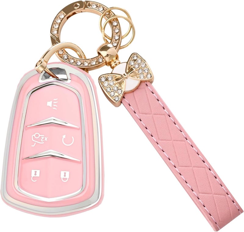 JAMCARI for Cadillac Key Fob Cover - Soft TPU Key Case Protection with Bling Keychain Fit for Escalade CTS SRX XT5 ATS CT6 5 Buttons Smart Key Case - Image 1